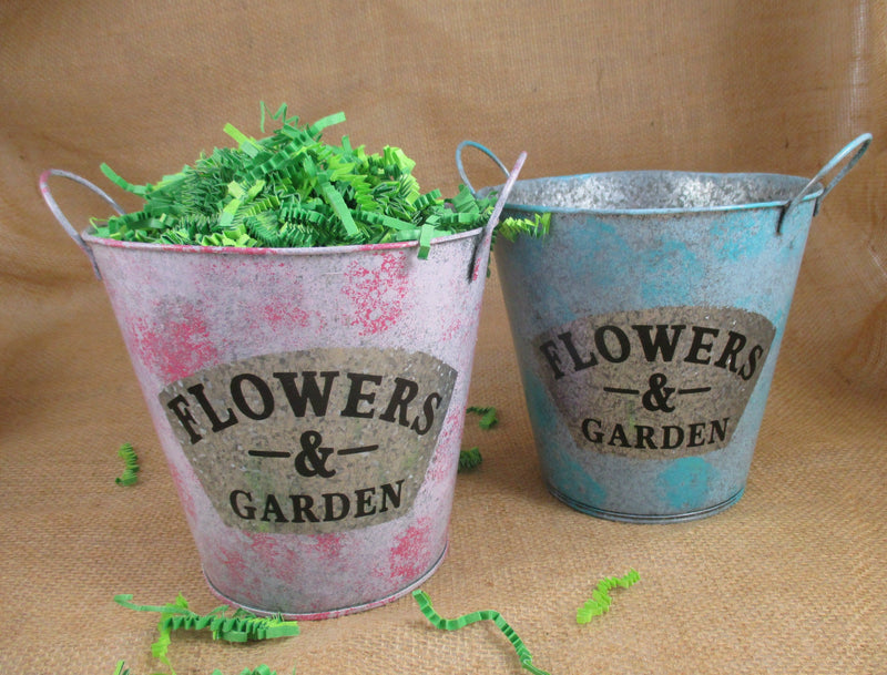 Flower Garden Tin Bucket Hand-Painted 2-tone Shabby Chic Rustic Wedding Metal Flower Pot Planter
