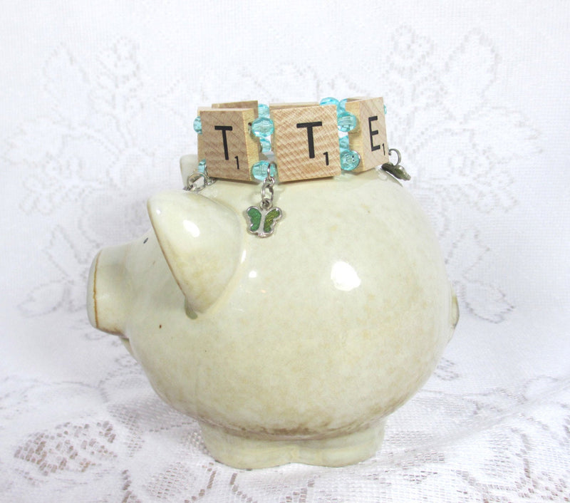 Scrabble Bracelet Flutter with Aqua Beads