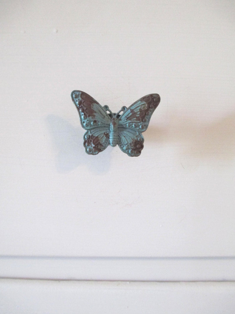 Butterfly Drawer Knob Jade Distressed Rustic Metal Shabby Chic