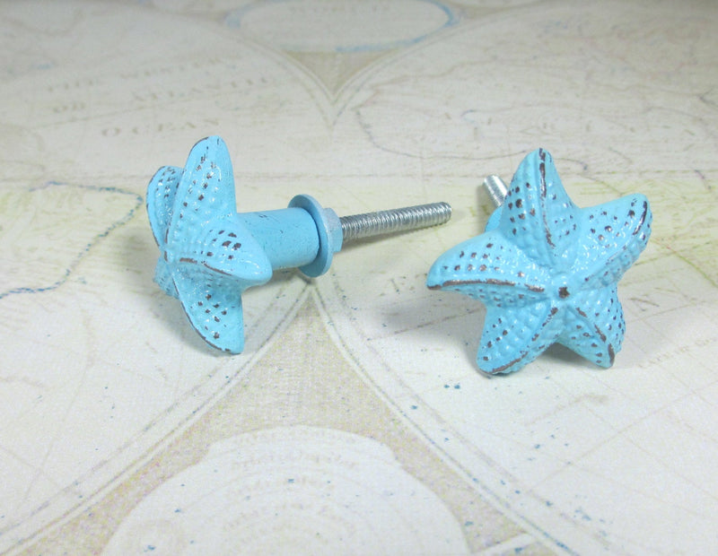 Starfish Drawer Knob in Aqua Shabby Chic Distressed Metal