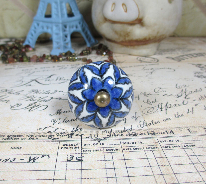 Blue & White Flower Morocco Ball Ceramic Drawer Knob