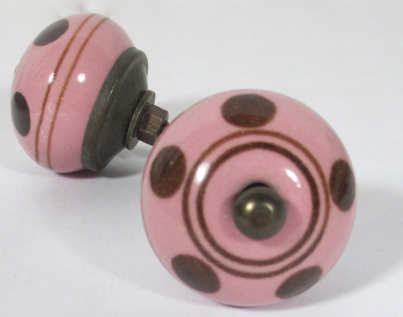 Ceramic Rose Pink and Brown Polka Dots Shabby Chic Knob