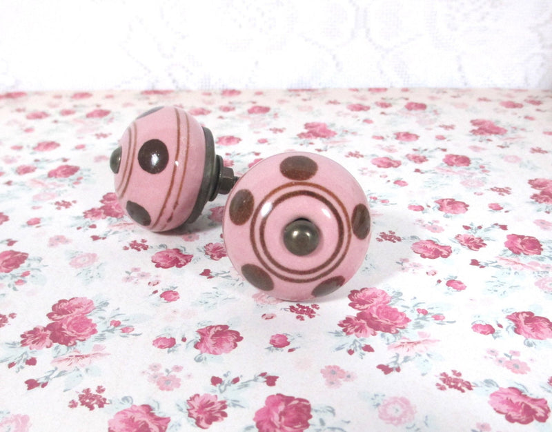 Ceramic Rose Pink and Brown Polka Dots Shabby Chic Knob