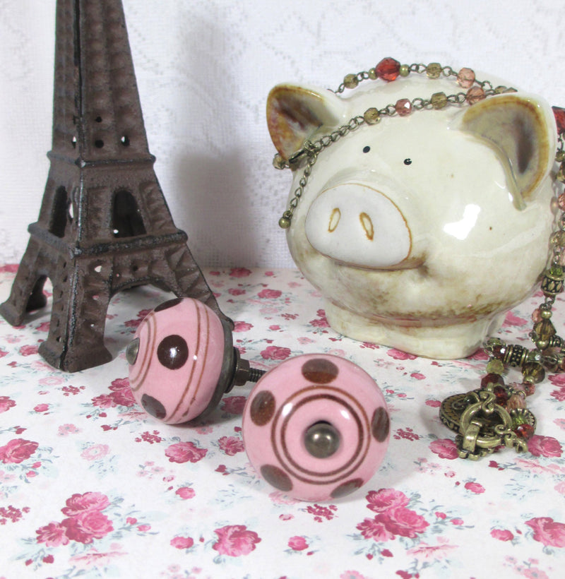 Ceramic Rose Pink and Brown Polka Dots Shabby Chic Knob
